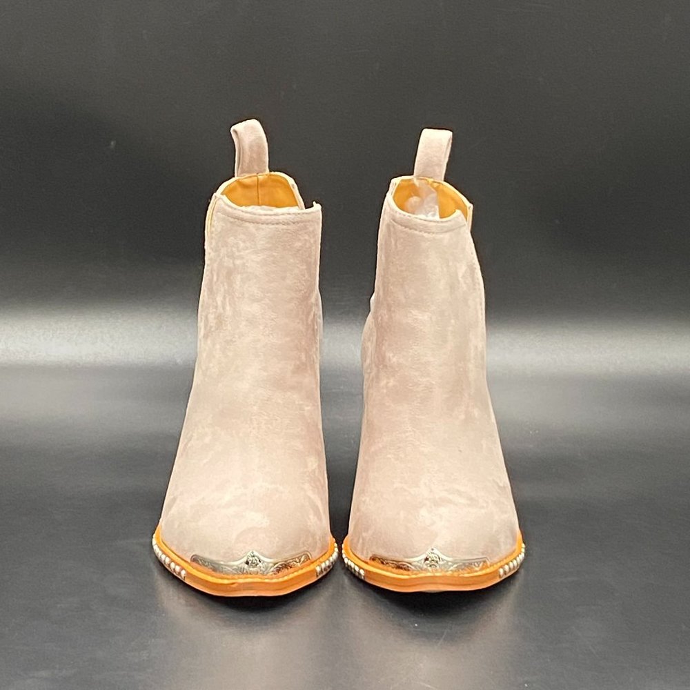 S Nude suede pointy toe chunky low heels ankle boots booties pumps shoes